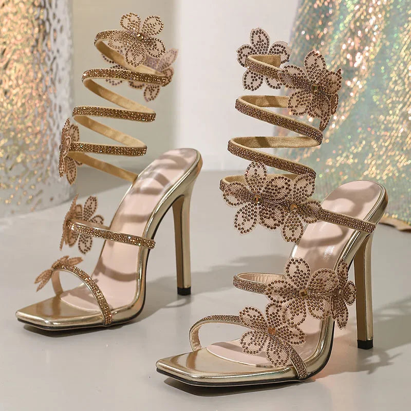 Aneikeh  Gladiator Sandals Crystal Flower Narrow BSexy Thin High Heels Ankle Coiled Strap Banquet Prom Shoes