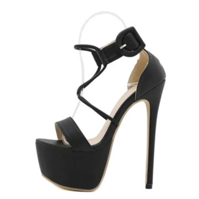 Aneikeh Head Peep Toe High Heel Buckle Strap PU Shoes Solid Platform Sandals Zapatos De Mujer Black