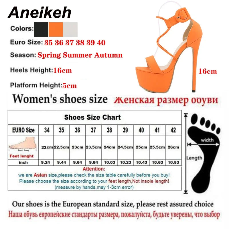 Aneikeh Head Peep Toe High Heel Buckle Strap PU Shoes Solid Platform Sandals Zapatos De Mujer Black