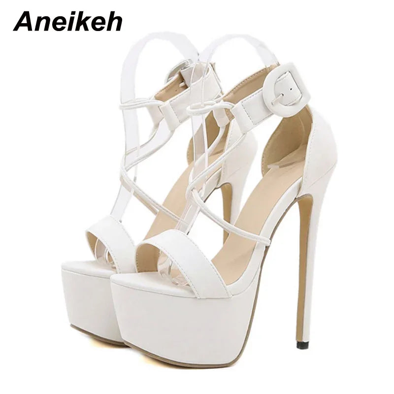 Aneikeh Head Peep Toe High Heel Buckle Strap PU Shoes Solid Platform Sandals Zapatos De Mujer Black