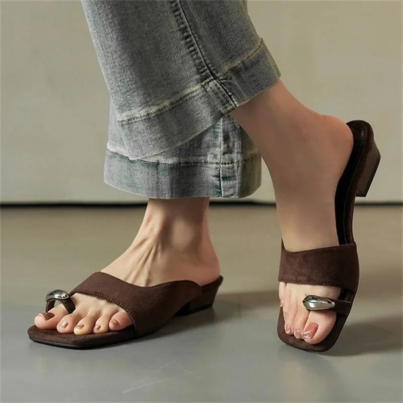 Aneikeh Hollow Out Square Clip Toe Vintage Brown Suede Wedges Low Heels Slippers Casual Shoes