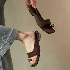 Aneikeh Hollow Out Square Clip Toe Vintage Brown Suede Wedges Low Heels Slippers Casual Shoes