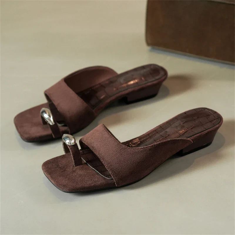 Aneikeh Hollow Out Square Clip Toe Vintage Brown Suede Wedges Low Heels Slippers Casual Shoes