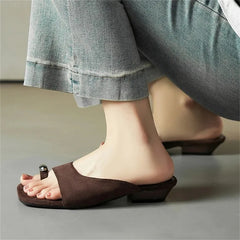 Aneikeh Hollow Out Square Clip Toe Vintage Brown Suede Wedges Low Heels Slippers Casual Shoes