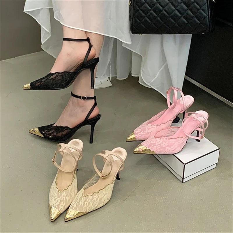 Aneikeh Retro Lace Designer Pointed Toe Thin Heels Slingbacks Pumps Wedding Banquet Dress Mules Shoes