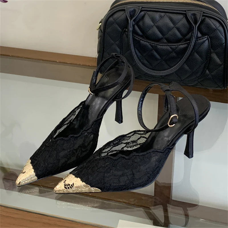Aneikeh Retro Lace Designer Pointed Toe Thin Heels Slingbacks Pumps Wedding Banquet Dress Mules Shoes