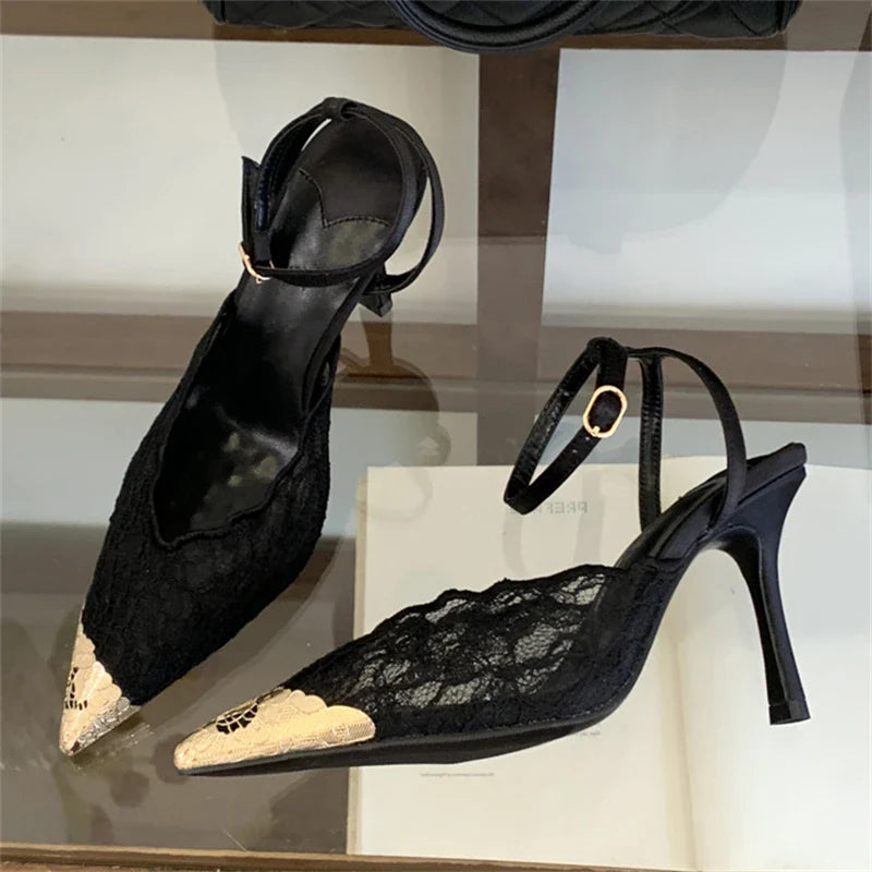 Aneikeh Retro Lace Designer Pointed Toe Thin Heels Slingbacks Pumps Wedding Banquet Dress Mules Shoes