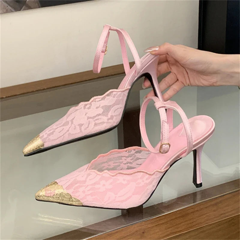 Aneikeh Retro Lace Designer Pointed Toe Thin Heels Slingbacks Pumps Wedding Banquet Dress Mules Shoes