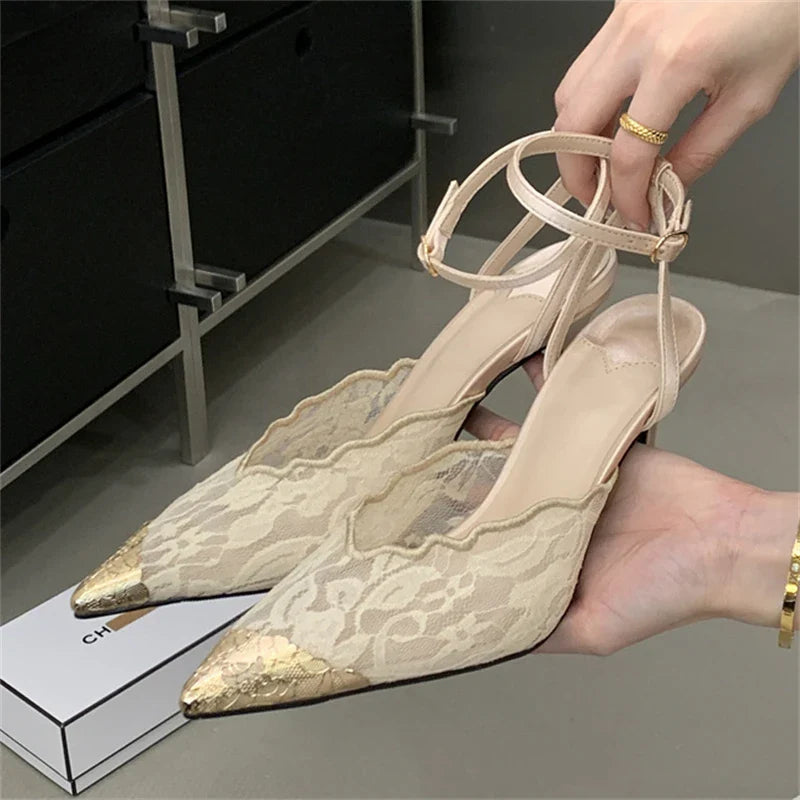 Aneikeh Retro Lace Designer Pointed Toe Thin Heels Slingbacks Pumps Wedding Banquet Dress Mules Shoes