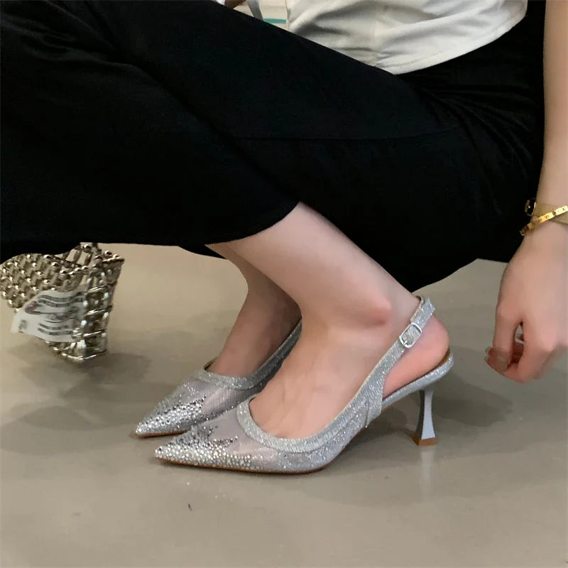Aneikeh Shining Rhinestone Slingback Pumps Mesh Pointed Toe High Heels Elegant Party Shoe Stiletto Heeled Sandals