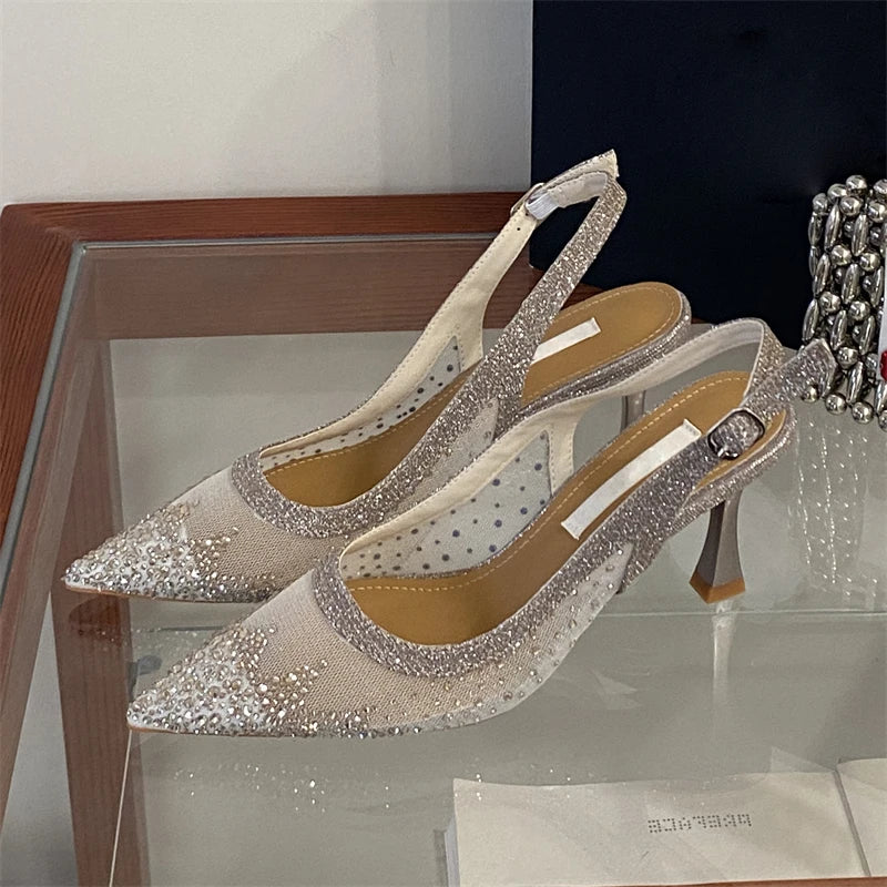 Aneikeh Shining Rhinestone Slingback Pumps Mesh Pointed Toe High Heels Elegant Party Shoe Stiletto Heeled Sandals