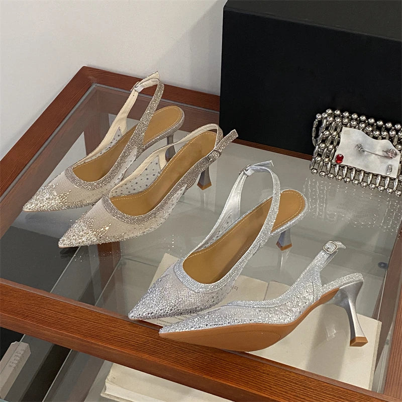 Aneikeh Shining Rhinestone Slingback Pumps Mesh Pointed Toe High Heels Elegant Party Shoe Stiletto Heeled Sandals