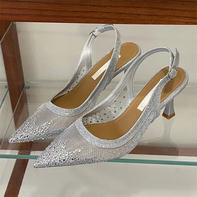 Aneikeh Shining Rhinestone Slingback Pumps Mesh Pointed Toe High Heels Elegant Party Shoe Stiletto Heeled Sandals