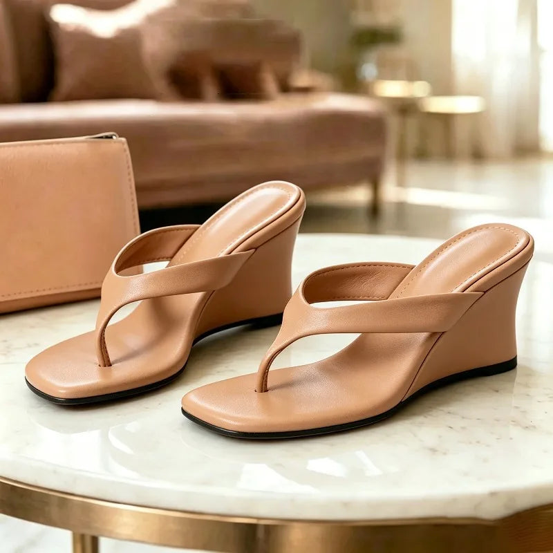 Aneikeh Large Size 41 Square Head Flip Flop Wedge Slide Sandals Open Toe Slip on Mules Mujer