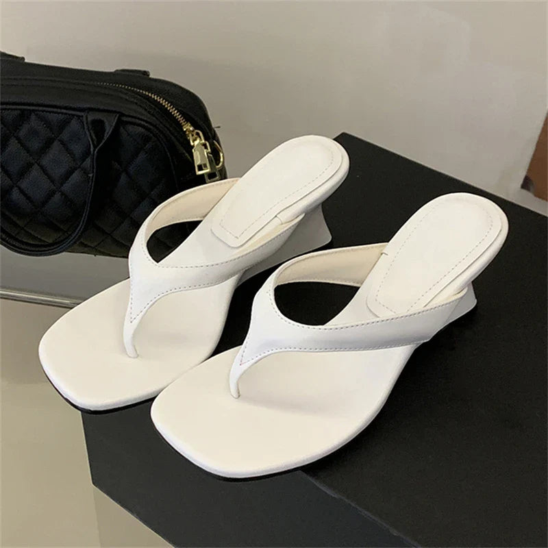 Aneikeh Large Size 41 Square Head Flip Flop Wedge Slide Sandals Open Toe Slip on Mules Mujer