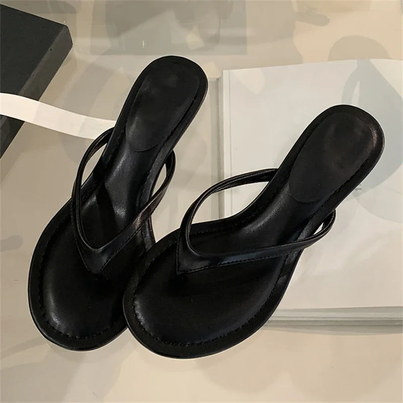 Aneikeh Round Clip Toe Thin Low Heels Slippers Casual Sandals Flip Flops Shoes Luxury Sandals
