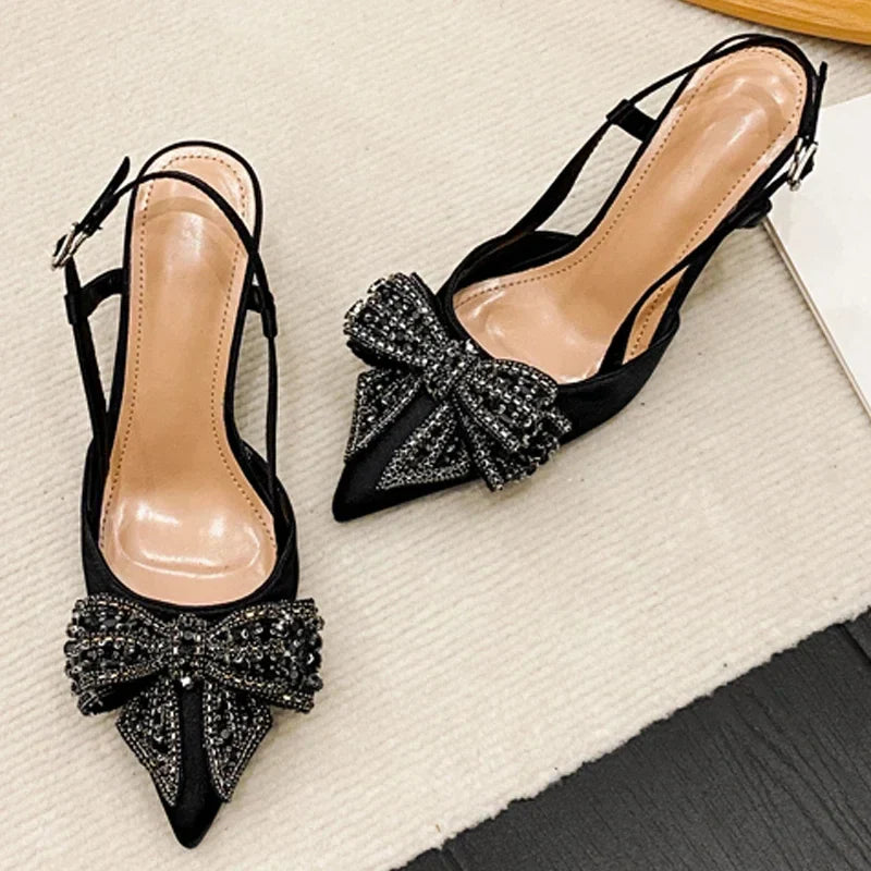 Aneikeh Pointed Toe Pumps Designer Crystal Butterfly-knot Elegant Slingbacks Buckle Strap High Heels Wedding Shoes