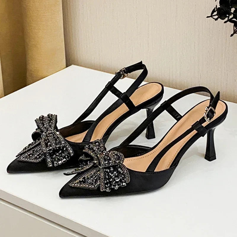 Aneikeh Pointed Toe Pumps Designer Crystal Butterfly-knot Elegant Slingbacks Buckle Strap High Heels Wedding Shoes