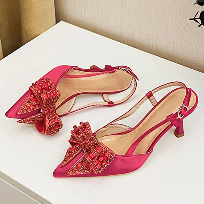 Aneikeh Pointed Toe Pumps Designer Crystal Butterfly-knot Elegant Slingbacks Buckle Strap High Heels Wedding Shoes