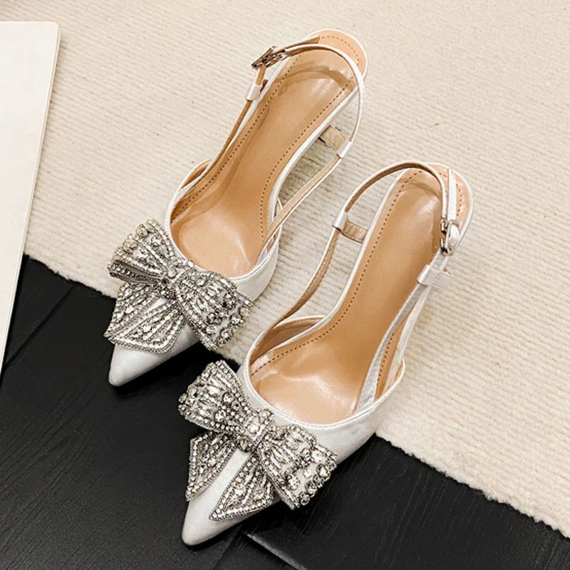 Aneikeh Pointed Toe Pumps Designer Crystal Butterfly-knot Elegant Slingbacks Buckle Strap High Heels Wedding Shoes