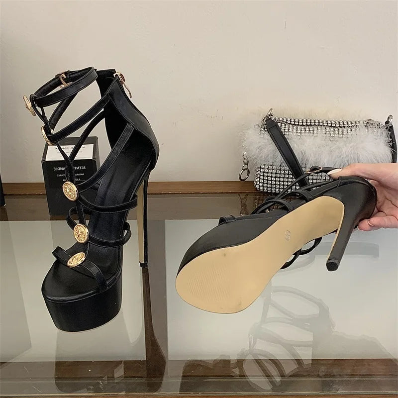 Aneikeh Sexy Black Satin Platform High Heels Ankle Strap Sandals Metal Decoration Narrow BBanquet Prom Shoes