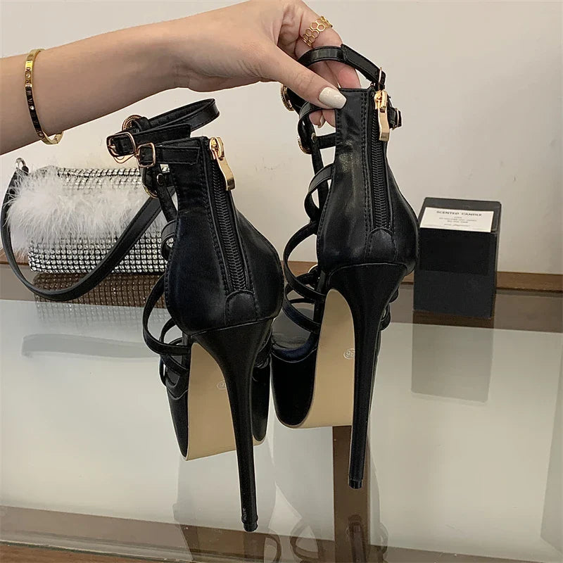 Aneikeh Sexy Black Satin Platform High Heels Ankle Strap Sandals Metal Decoration Narrow BBanquet Prom Shoes
