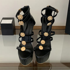 Aneikeh Sexy Black Satin Platform High Heels Ankle Strap Sandals Metal Decoration Narrow BBanquet Prom Shoes