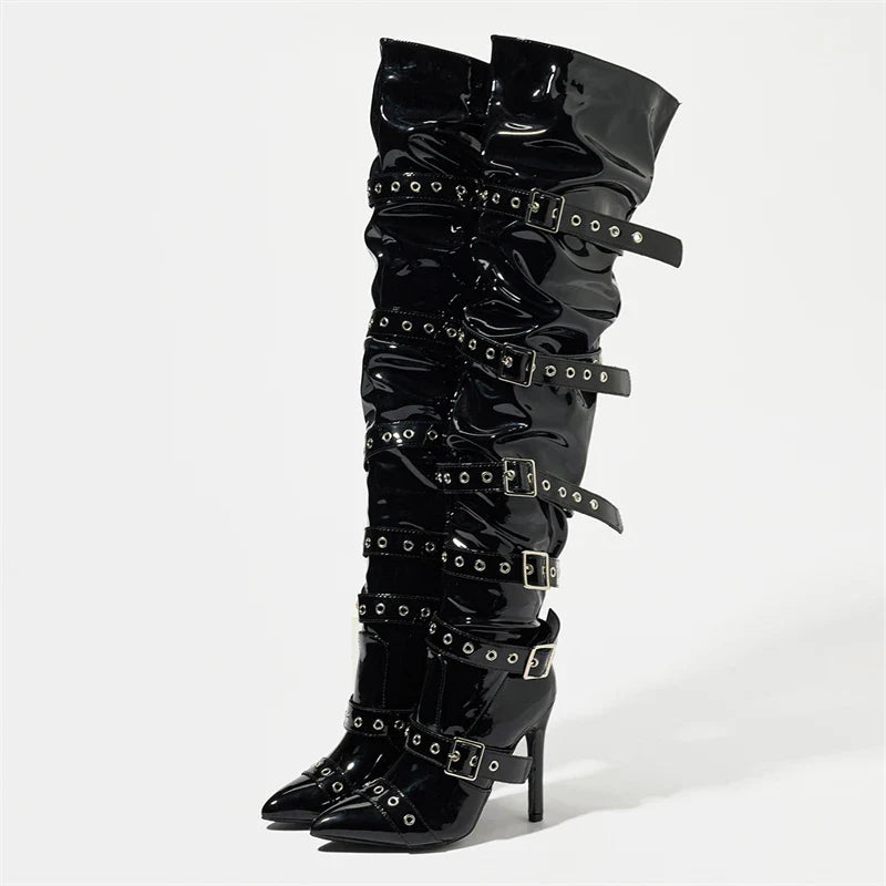 Aneikeh  Sexy Thin High Heels Patent Leather Over The Knee Boot Design Style Narrow BBuckle Strap Stripper Shoes