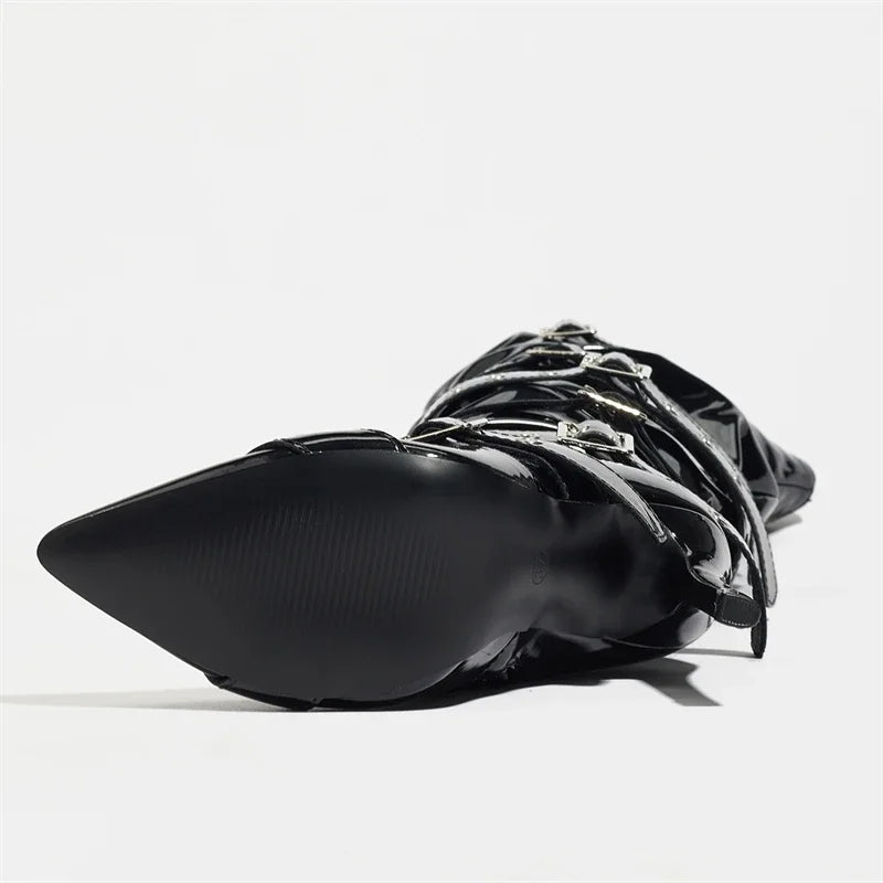 Aneikeh  Sexy Thin High Heels Patent Leather Over The Knee Boot Design Style Narrow BBuckle Strap Stripper Shoes