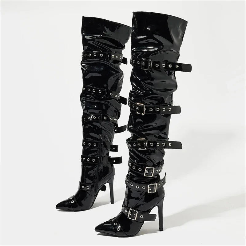 Aneikeh  Sexy Thin High Heels Patent Leather Over The Knee Boot Design Style Narrow BBuckle Strap Stripper Shoes