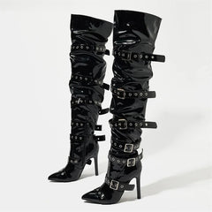 Aneikeh  Sexy Thin High Heels Patent Leather Over The Knee Boot Design Style Narrow BBuckle Strap Stripper Shoes