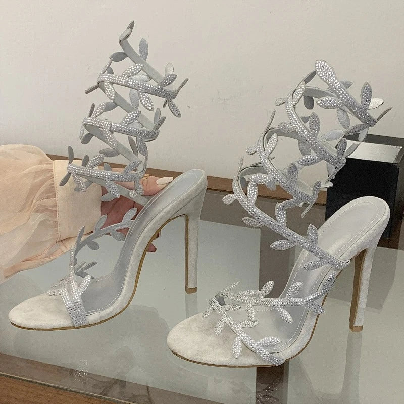Aneikeh Sexy Rhinestone Gladiator High Heel Sandals Open Toe Ankle Wrap Stiletto Heels Wedding Party Dress Shoes
