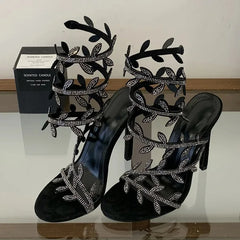 Aneikeh Sexy Rhinestone Gladiator High Heel Sandals Open Toe Ankle Wrap Stiletto Heels Wedding Party Dress Shoes