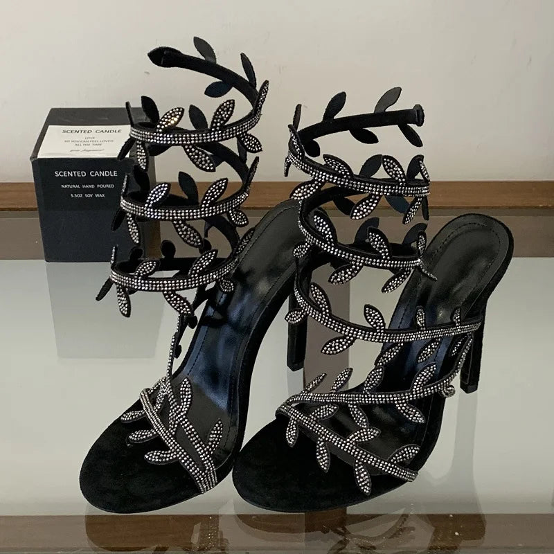 Aneikeh Sexy Rhinestone Gladiator High Heel Sandals Open Toe Ankle Wrap Stiletto Heels Wedding Party Dress Shoes