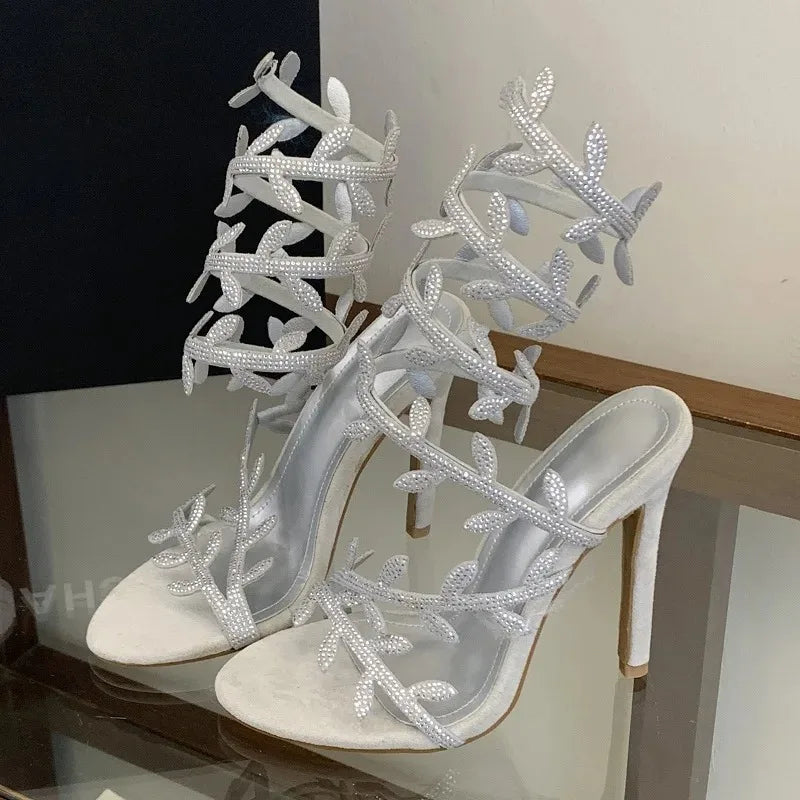 Aneikeh Sexy Rhinestone Gladiator High Heel Sandals Open Toe Ankle Wrap Stiletto Heels Wedding Party Dress Shoes