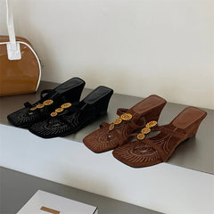 Aneikeh Square Toe Slippers Clip Toe Slide Bohemian Brown Suede Wedge Heel Sandals Rhinestone Embroidered Shoes