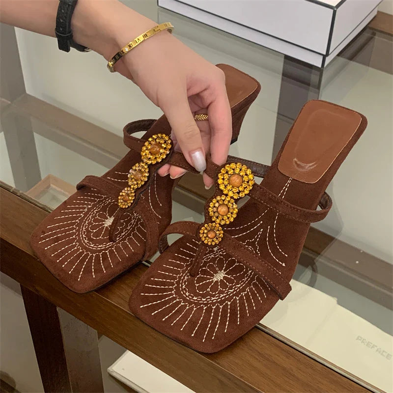 Aneikeh Square Toe Slippers Clip Toe Slide Bohemian Brown Suede Wedge Heel Sandals Rhinestone Embroidered Shoes