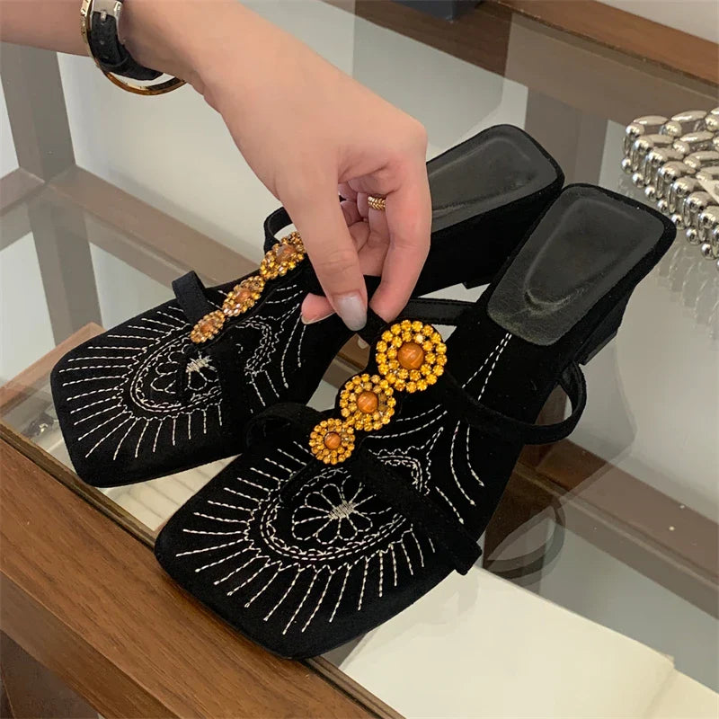 Aneikeh Square Toe Slippers Clip Toe Slide Bohemian Brown Suede Wedge Heel Sandals Rhinestone Embroidered Shoes