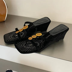 Aneikeh Square Toe Slippers Clip Toe Slide Bohemian Brown Suede Wedge Heel Sandals Rhinestone Embroidered Shoes
