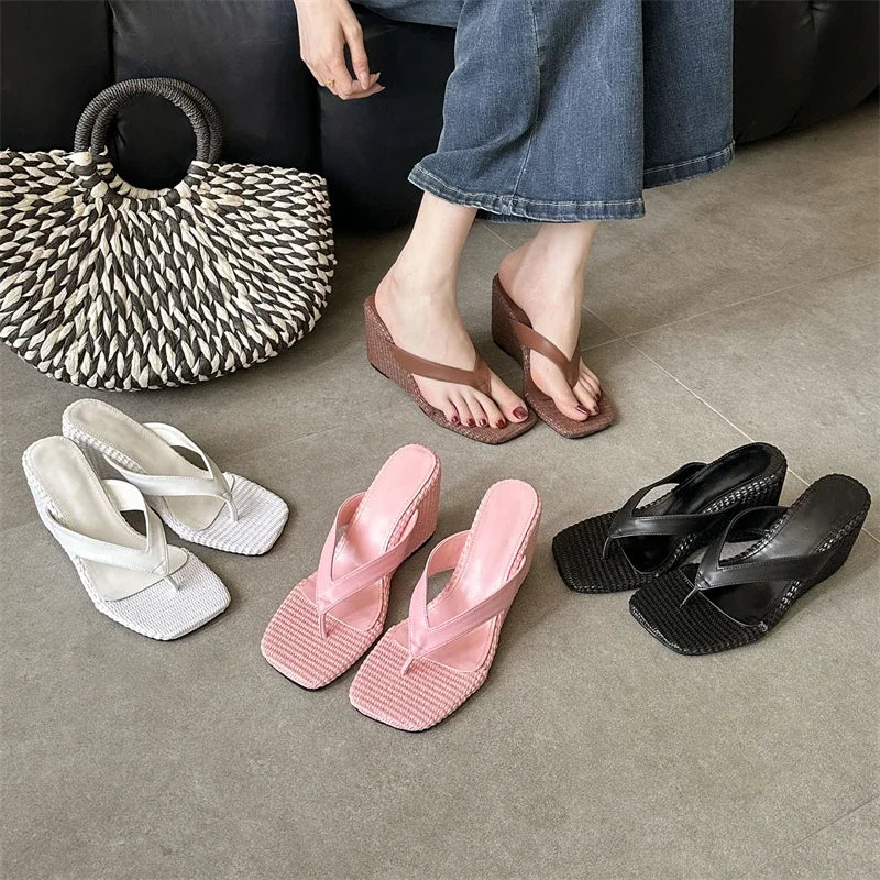 Aneikeh Square Toe Wedge Heel Flip Flops Platform Sandals Casual Beach Slippers Clip Toe Thick Sole Slides Shoes