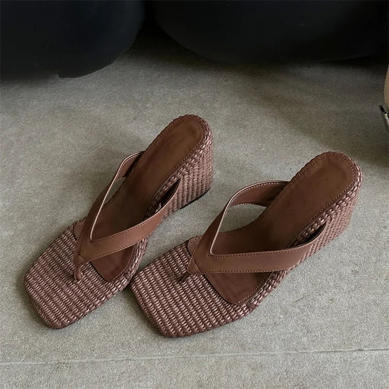 Aneikeh Square Toe Wedge Heel Flip Flops Platform Sandals Casual Beach Slippers Clip Toe Thick Sole Slides Shoes