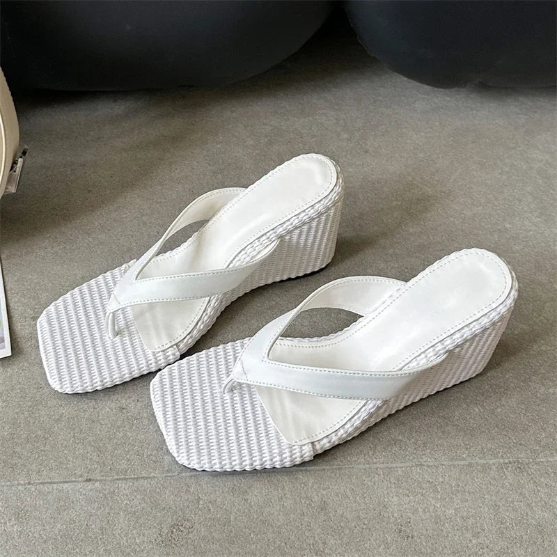 Aneikeh Square Toe Wedge Heel Flip Flops Platform Sandals Casual Beach Slippers Clip Toe Thick Sole Slides Shoes