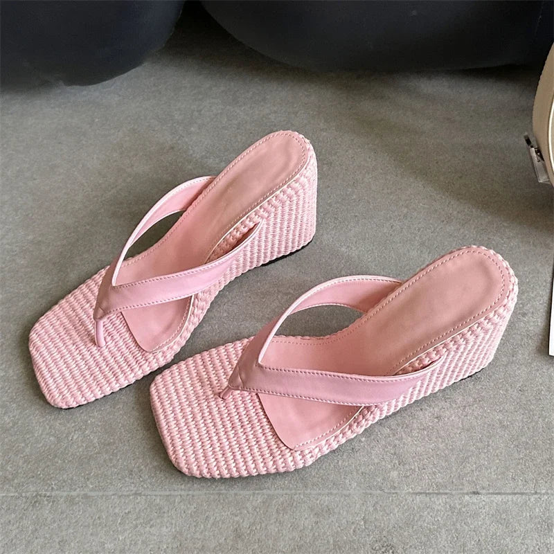 Aneikeh Square Toe Wedge Heel Flip Flops Platform Sandals Casual Beach Slippers Clip Toe Thick Sole Slides Shoes