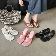 Aneikeh Square Toe Wedge Heel Flip Flops Platform Sandals Casual Beach Slippers Clip Toe Thick Sole Slides Shoes