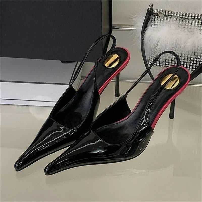 Aneikeh Street Sexy Pointed Toe Thin Heels Designer Back Buckle Pumps Wedding Banquet Dress Mule Shoes