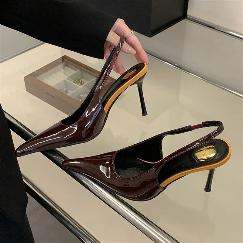 Aneikeh Street Sexy Pointed Toe Thin Heels Designer Back Buckle Pumps Wedding Banquet Dress Mule Shoes