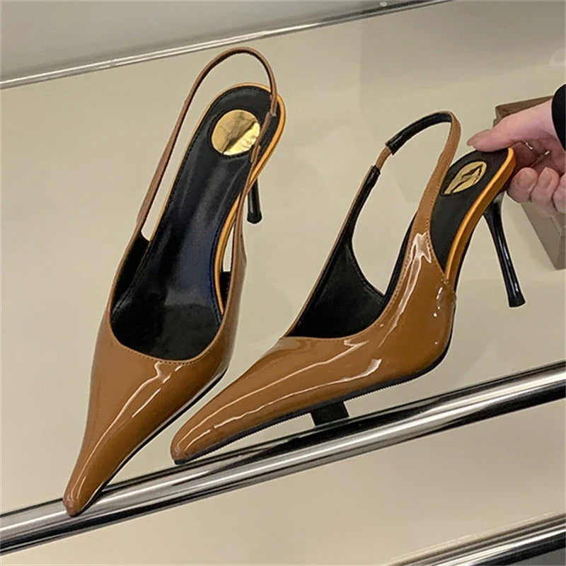Aneikeh Street Sexy Pointed Toe Thin Heels Designer Back Buckle Pumps Wedding Banquet Dress Mule Shoes