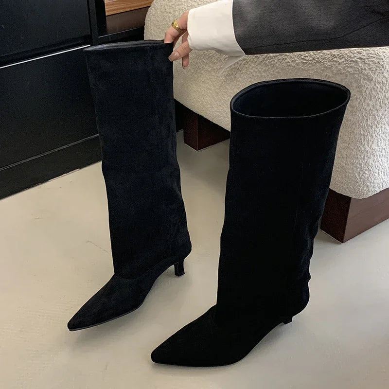 Aneikeh Street Style Pointed Toe Knee-High Boots Low Heels Shoes Female Long Booties Zapatos De Mujer