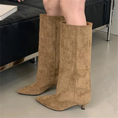 Aneikeh Street Style Pointed Toe Knee-High Boots Low Heels Shoes Female Long Booties Zapatos De Mujer