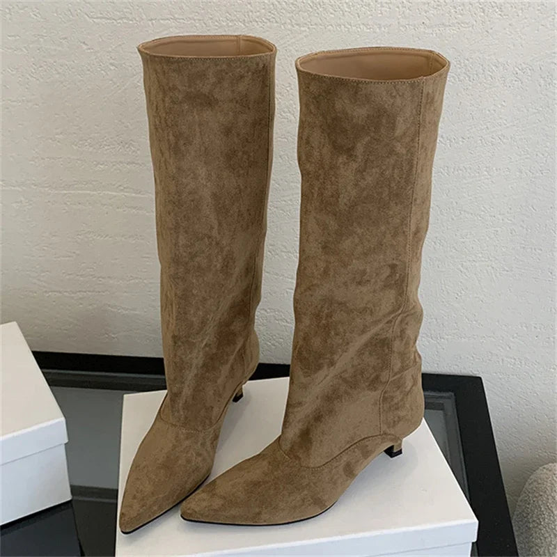 Aneikeh Street Style Pointed Toe Knee-High Boots Low Heels Shoes Female Long Booties Zapatos De Mujer